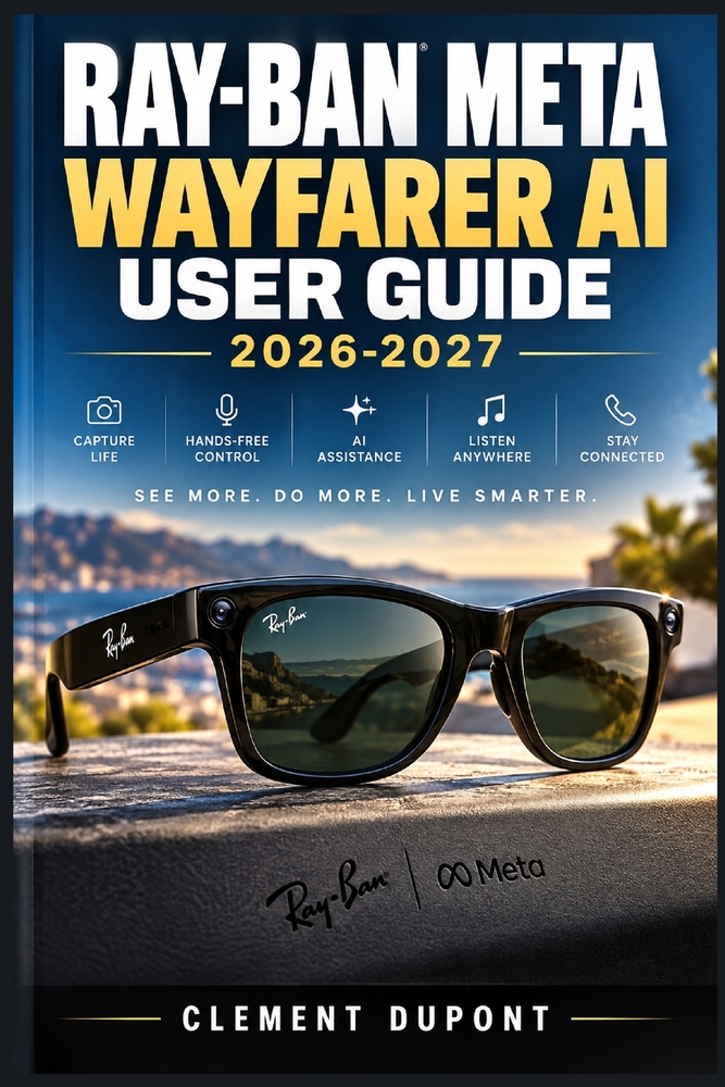Ray-Ban Meta Wayfarer AI User Guide 2026-2027: Configuration rapide, commandes vocales, capture mains libres, communication mobile, réglages privés, e cover