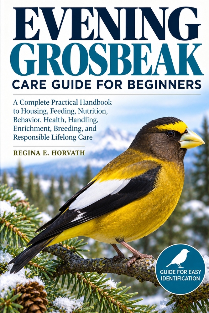 Evening Grosbeak Care Guide for Beginners: A Complete Practical Handbook to Housing, Feeding, Nutrition, Behavior, Health, Handling, Enrichment, Breed cover