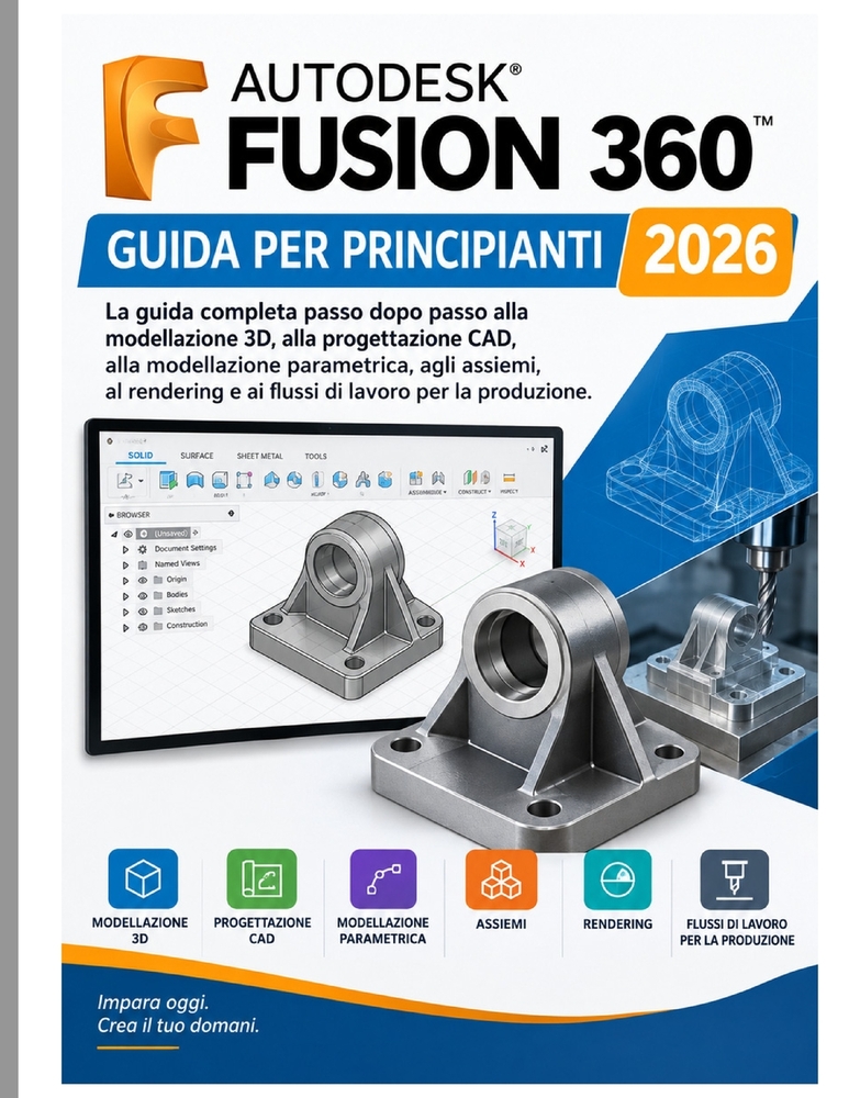 Guida utente di Autodesk Fusion 360 per principianti 2026: La guida completa passo passo alla modellazione 3D, alla progettazione CAD, alla modellazio cover
