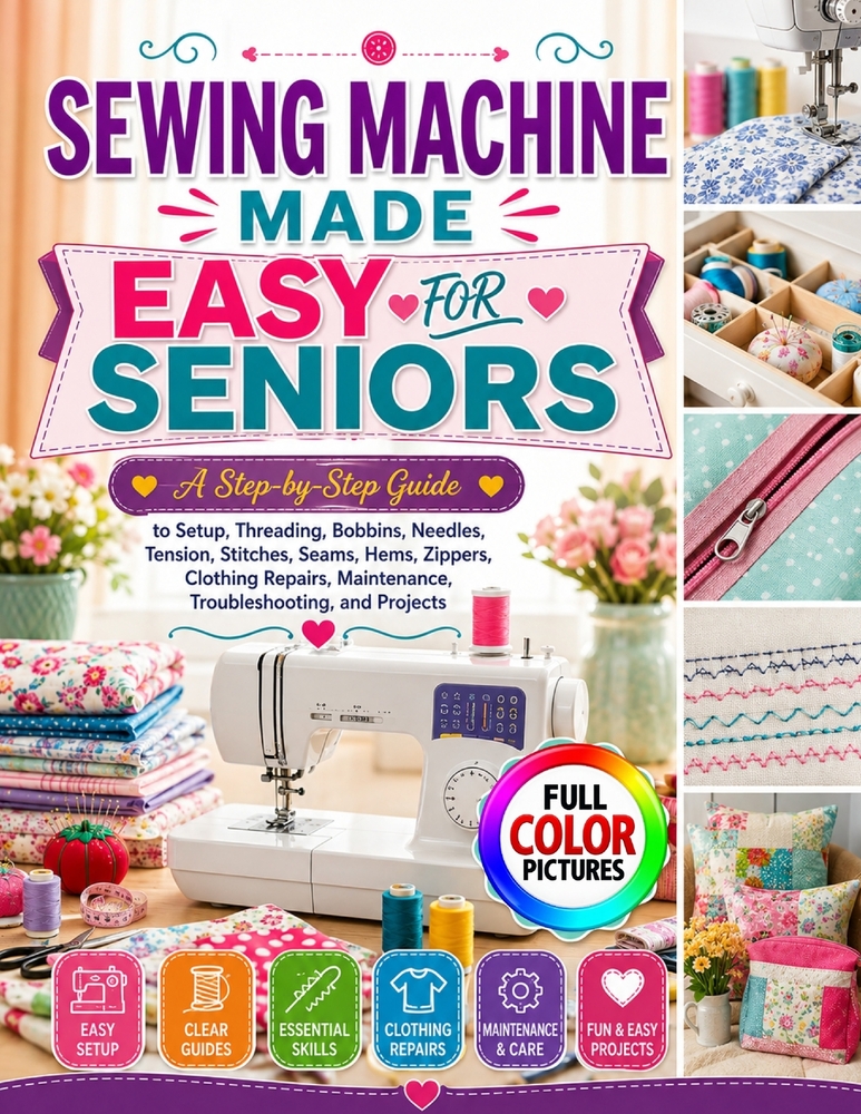 Sewing Machine Made Easy for Seniors: A Step-by-Step Guide to Setup, Threading, Bobbins, Needles, Tension, Stitches, Seams, Hems, Zippers, Clothing Re cover