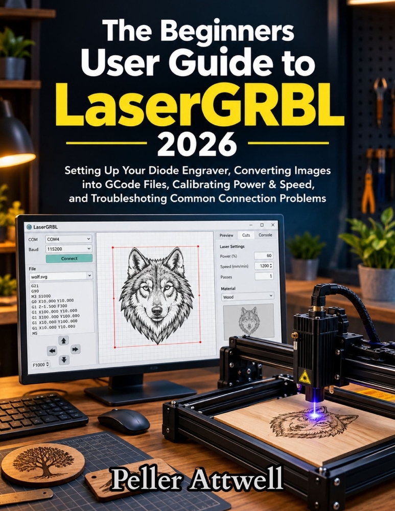 The Beginners User Guide to LaserGRBL 2026 Setting Up Your Diode Engraver: Converting Images into GCode Files, Calibrating Power & Speed, and Troubles cover
