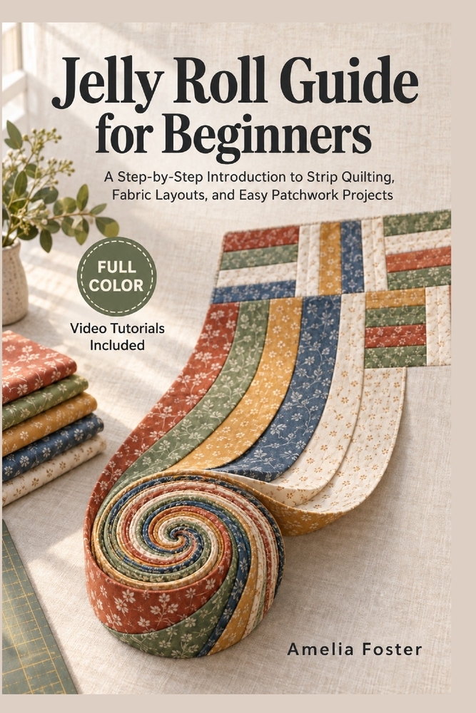Jelly Roll Guide for Beginners: A Step-by-Step Introduction to Strip Quilting, Fabric Layouts, and Easy Patchwork Projects Video Tutorials Included cover