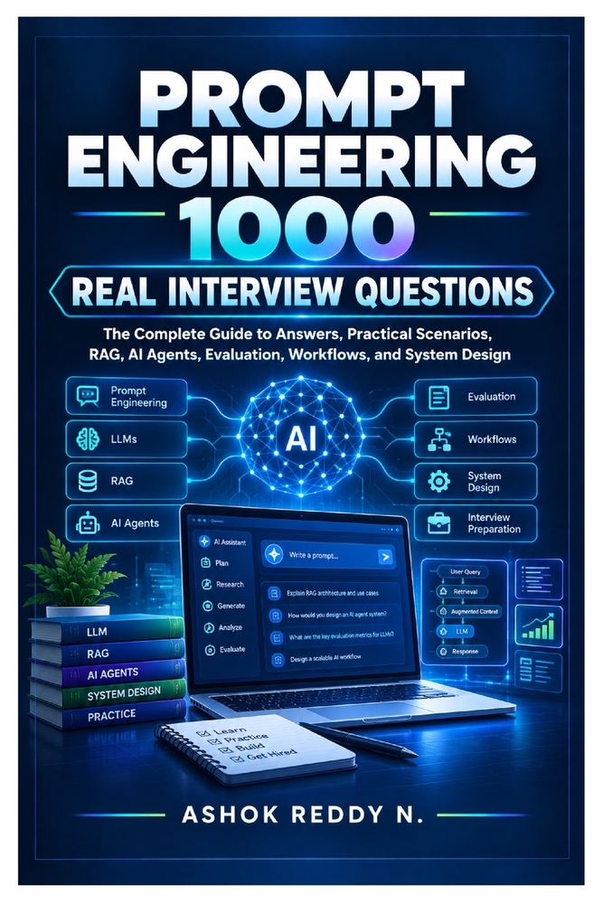 Prompt Engineering 1000 Real Interview Questions: The Complete Guide to Answers, Practical Scenarios, RAG, AI Agents, Evaluation, Workflows, and Syste cover