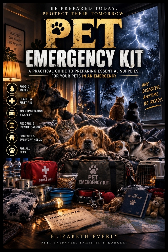 Pet Emergency Kit: food, water, leads, carriers, vet papers. cover