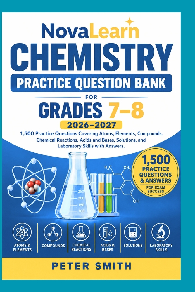 NovaLearn Chemistry Practice Question Bank for Grades 7-8 2026-2027: 1,000 Practice Questions Covering Atoms, Elements, Compounds, Chemical Reactions, cover