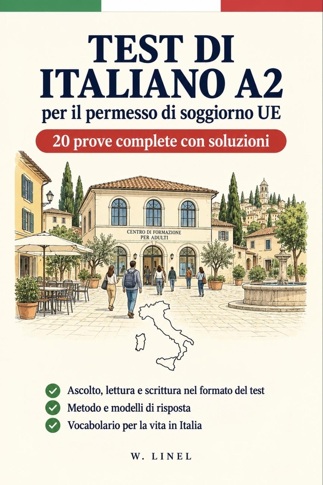Test di italiano A2 per il permesso di soggiorno UE: 20 prove complete con soluzioni Ascolto, lettura e scrittura nel formato del test in Prefettura M cover