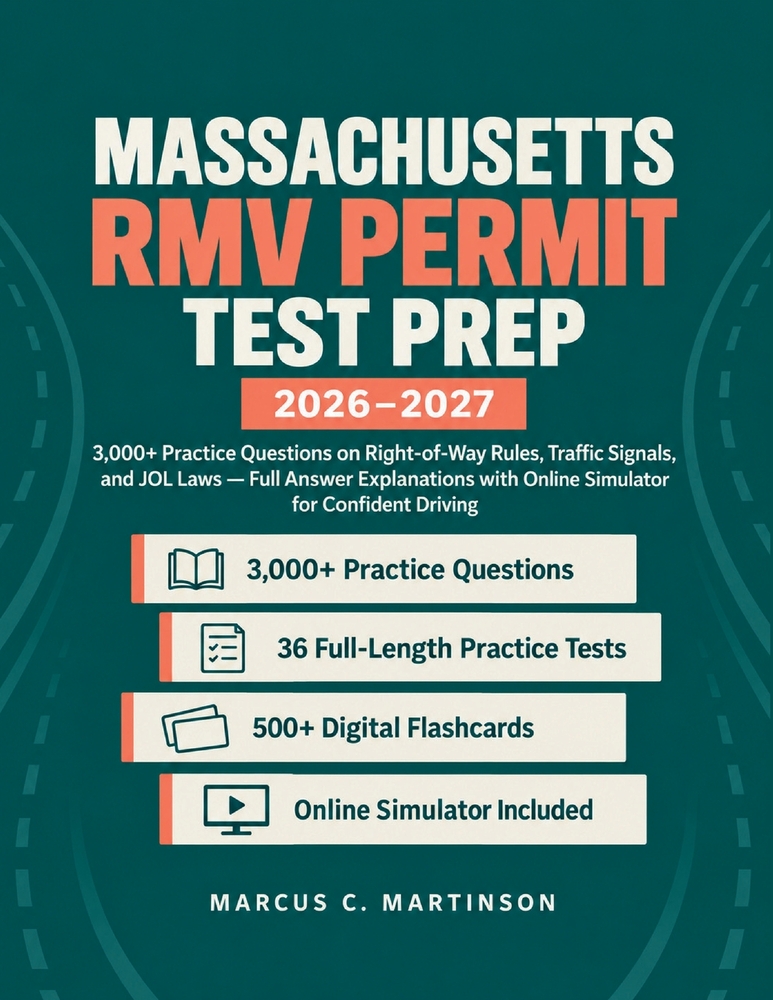 Massachusetts RMV Permit Test Prep 2026-2027: 3,000+ Practice Questions on Right-of-Way Rules, Traffic Signals, and JOL Laws - Full Answer Explanation cover