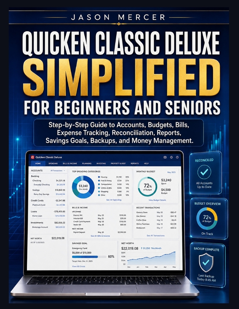 Quicken Classic Deluxe Simplified for Beginners and Seniors: Step-by-Step Guide to Accounts, Budgets, Bills, Expense Tracking, Reconciliation, Reports cover
