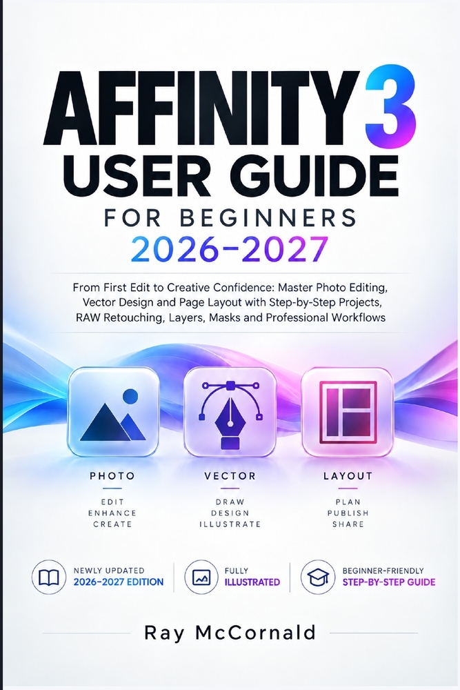 Affinity 3 User Guide for Beginners 2026-2027: Master Photo Editing, Vector Design and Page Layout with Step-by-Step Projects, RAW Retouching, Layers, cover