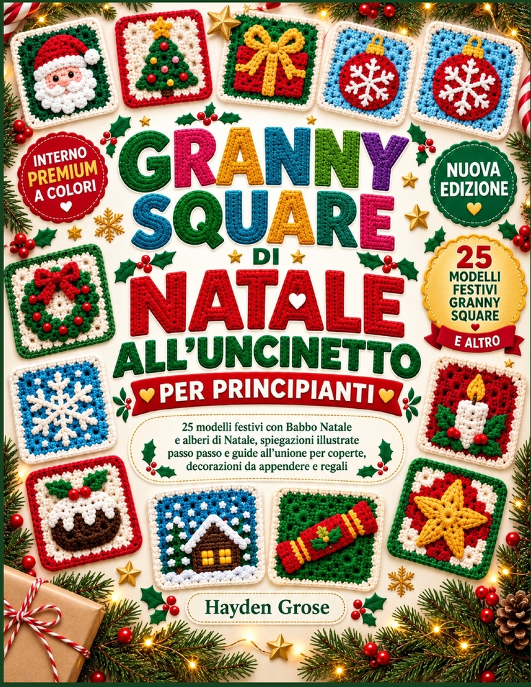 Granny Square Di Natale All'uncinetto Per Principianti: 25 modelli festivi con Babbo Natale e alberi di Natale, spiegazioni illustrate passo passo e g cover