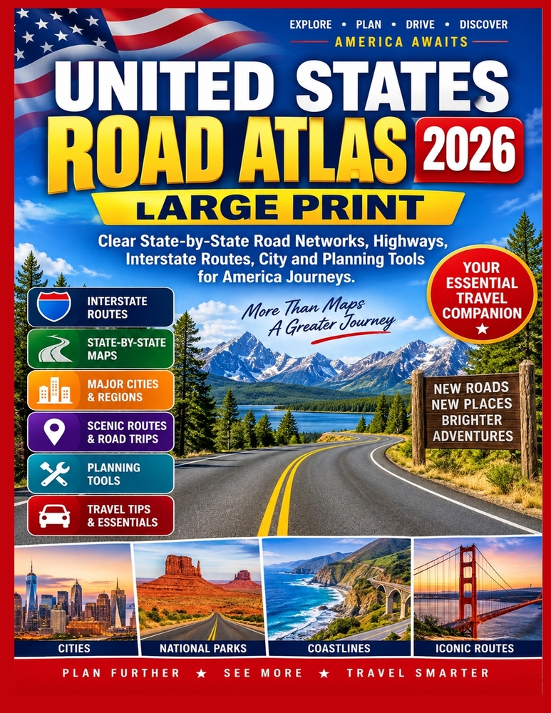 United States Road Atlas 2026 Large Print: Clear State-by-State Road Networks, Highways, Interstate Routes, City and Planning Tools for America Journe cover