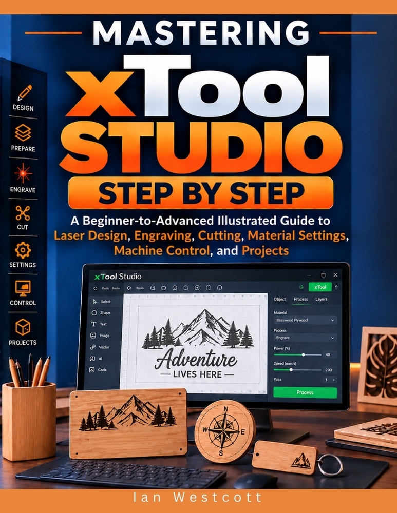 Mastering xTool Studio Step by Step: A Beginner-to-Advanced Illustrated Guide to Laser Design, Engraving, Cutting, Material Settings, Machine Control, cover