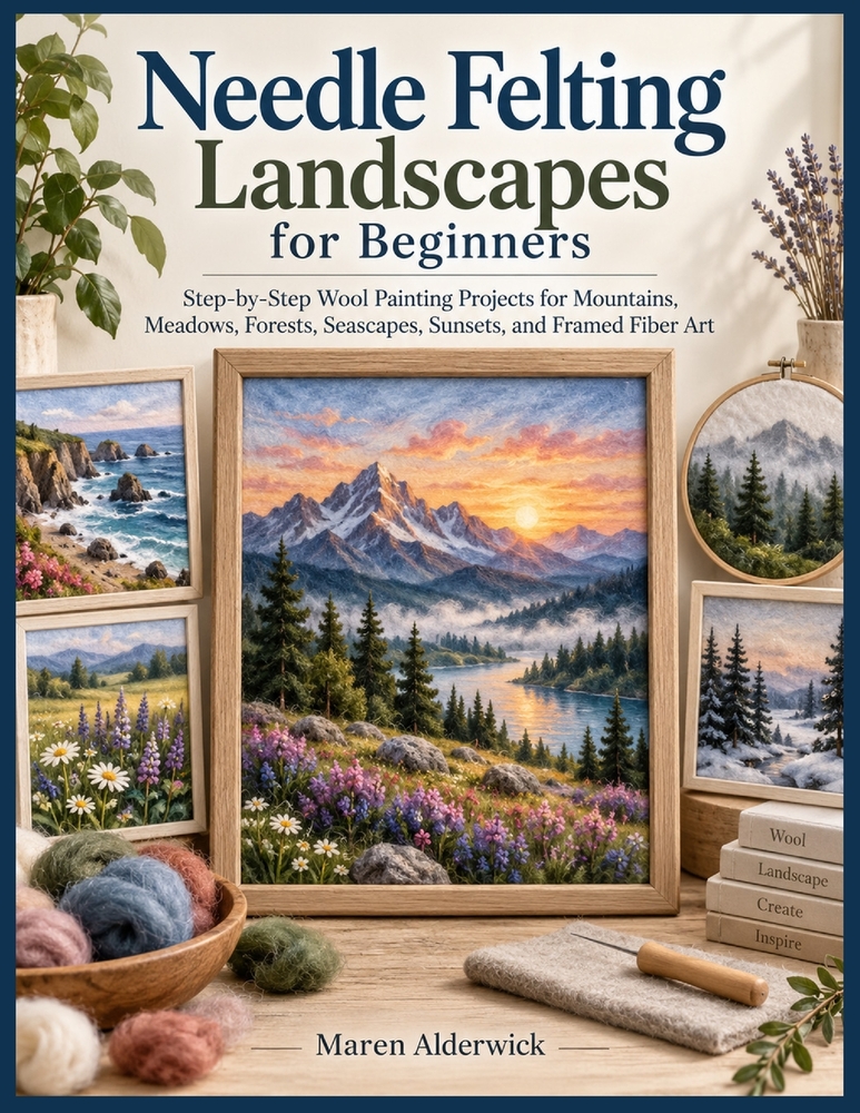 Needle Felting Landscapes for Beginners: Step-by-Step Wool Painting Projects for Mountains, Meadows, Forests, Seascapes, Sunsets, and Framed Fiber Art cover