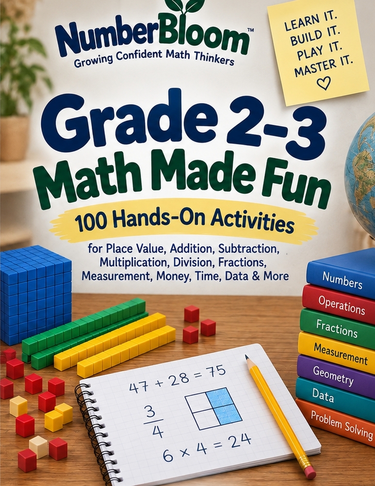 Grade 2-3 Math Made Fun: 100 Hands-On Activities for Place Value, Addition, Subtraction, Multiplication, Division, Fractions, Measurement, Money, Time cover