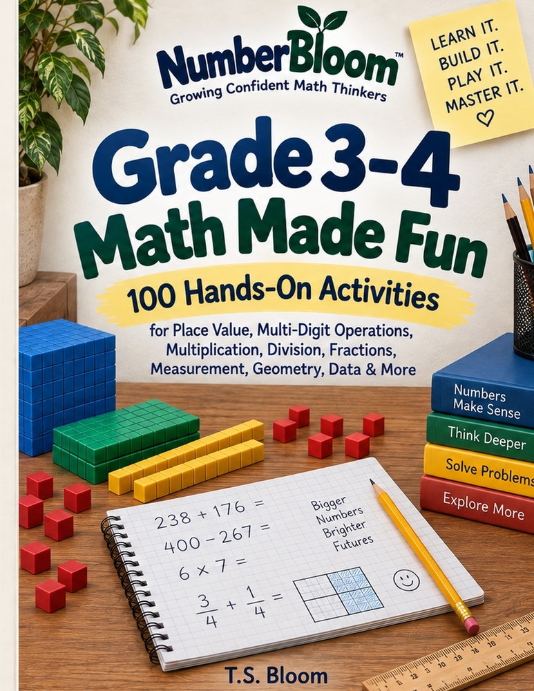 Grade 3-4 Math Made Fun: 100 Hands-On Activities for Place Value, Multi-Digit Operations, Multiplication, Division, Fractions, Measurement, Geometry, cover