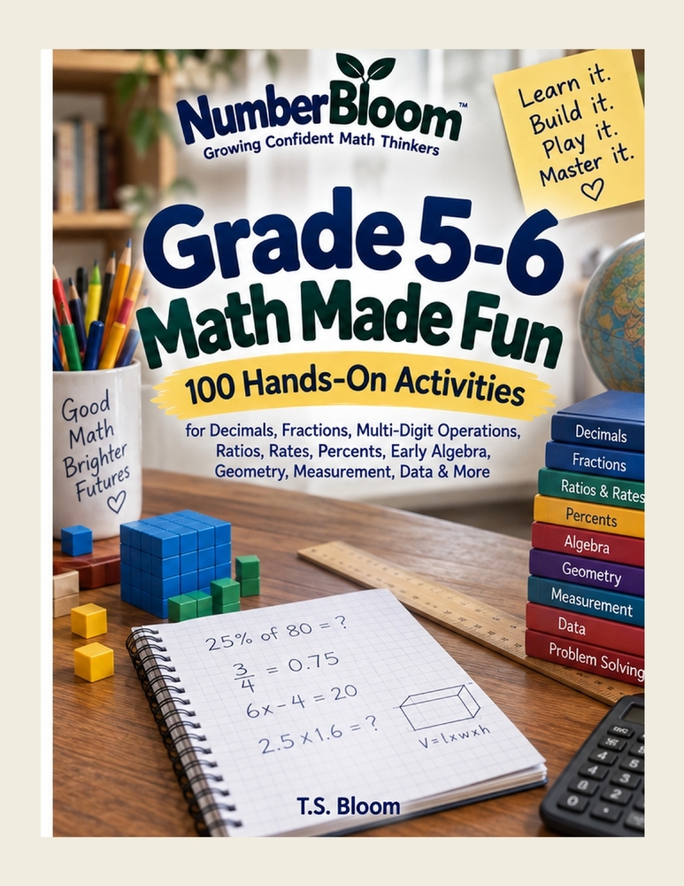 Grade 5-6 Math Made Fun: 100 Hands-On Activities for Decimals, Fractions, Multi-Digit Operations, Ratios, Rates, Percents, Early Algebra, Geometry, Me cover