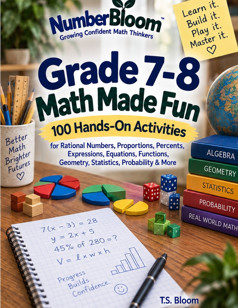 Grade 7-8 Math Made Fun: 100 Hands-On Activities for Rational Numbers, Proportions, Percents, Expressions, Equations, Functions, Geometry, Statistics, cover