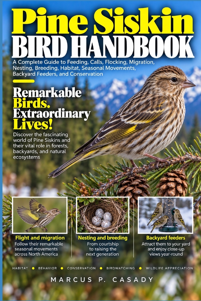 Pine Siskin Bird Handbook: A Complete Guide to Feeding, Calls, Flocking, Migration, Nesting, Breeding, Habitat, Seasonal Movements, Backyard Feeders, cover