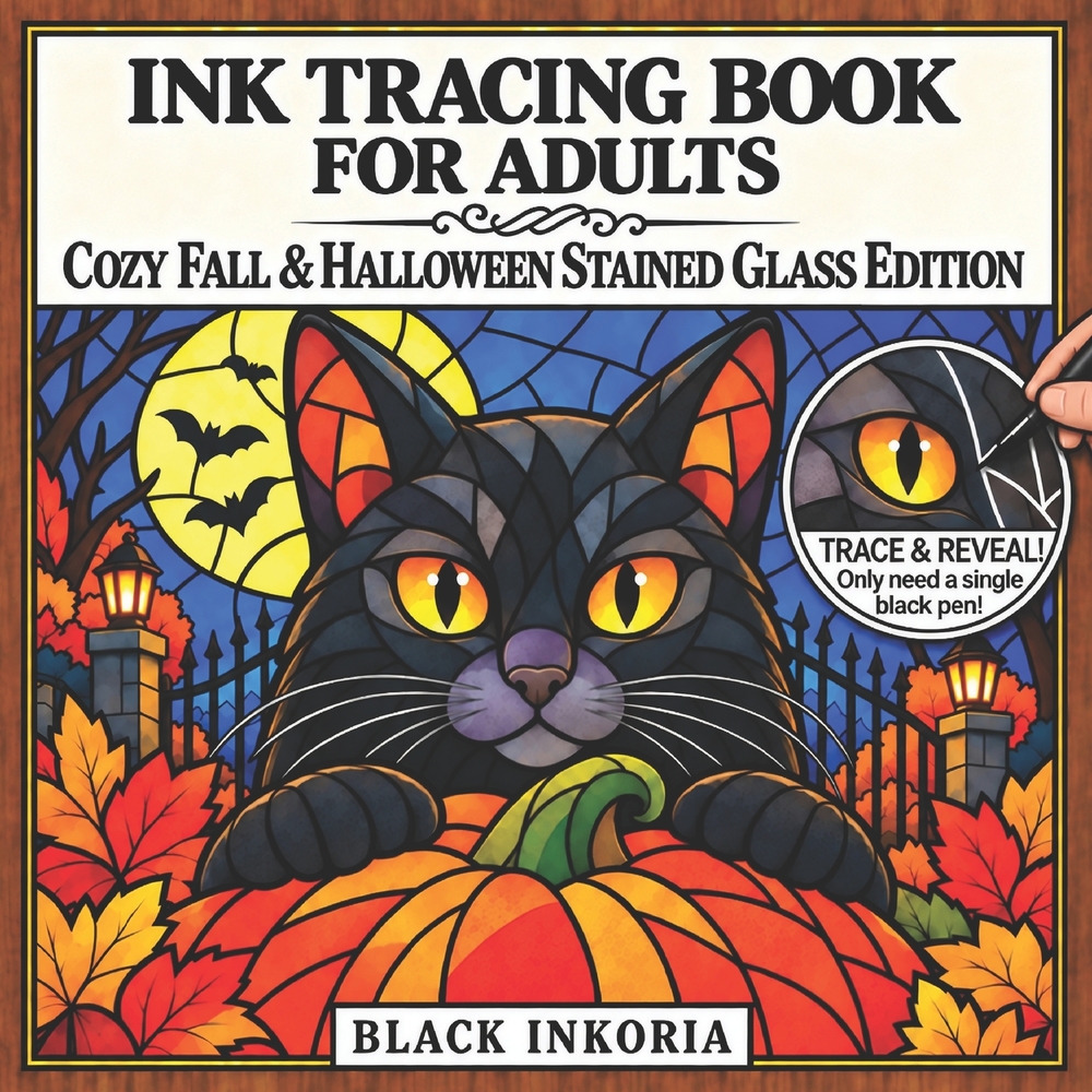 Ink Tracing Book for Adults - Cozy Fall & Halloween Stained Glass Edition: Trace White Lines Through Pumpkins, Ghosts, Cats, Spooky Cottages & Autumn cover