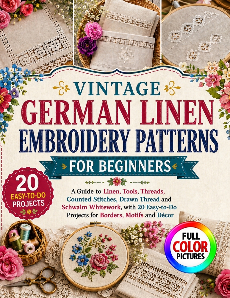 Vintage German Linen Embroidery Patterns for Beginners: A Guide to Linen, Tools, Threads, Counted Stitches, Drawn Thread and Schwalm Whitework, with 2 cover