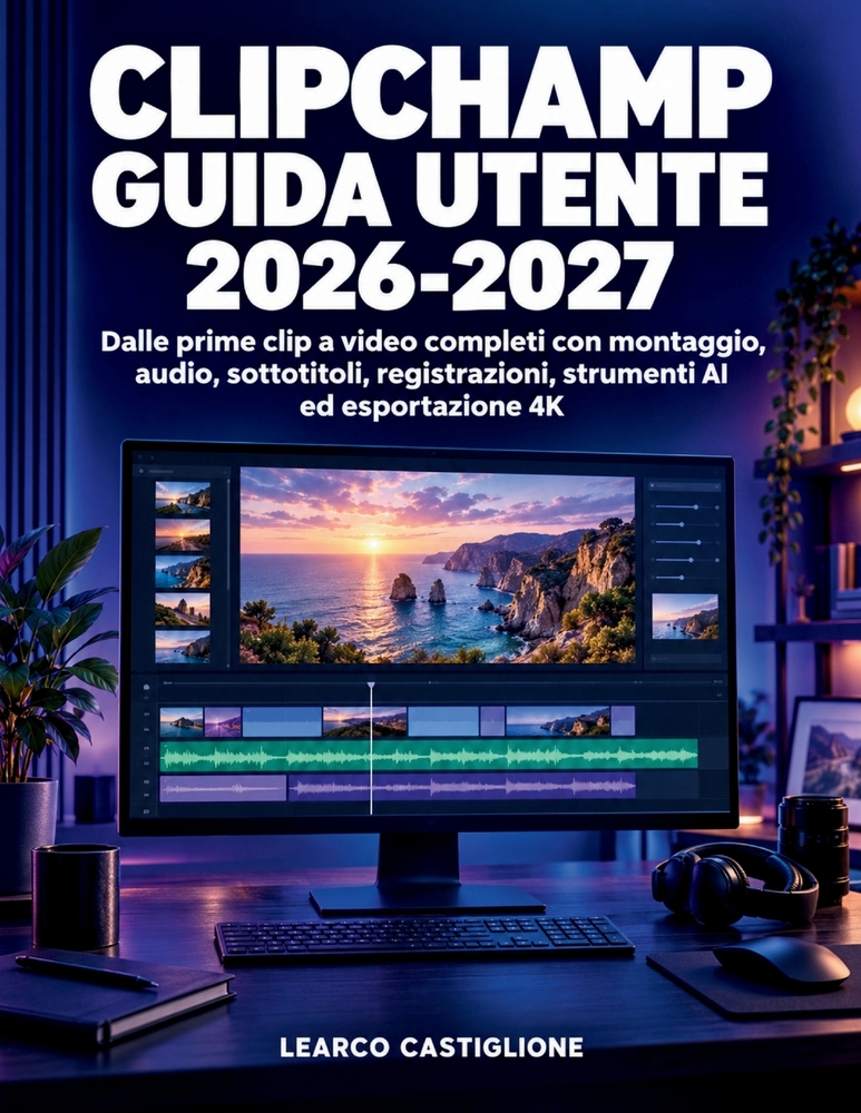 Clipchamp Guida Utente 2026-2027: Dalle prime clip a video completi con montaggio, audio, sottotitoli, registrazioni, strumenti AI ed esportazione 4K cover