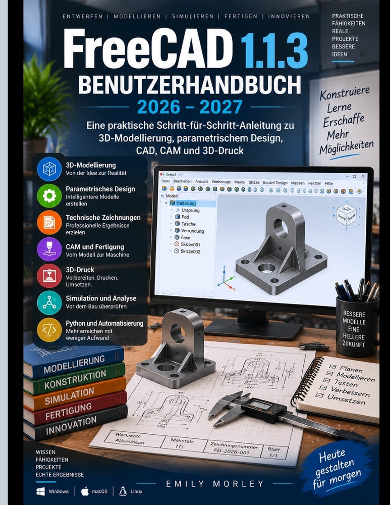 FreeCAD 1.1.3 BENUTZERHANDBUCH 2026-2027: Eine praktische Schritt-für-Schritt-Anleitung 3D-Modellierung, parametrisches Design, CAD, CAM und 3D-Druck cover