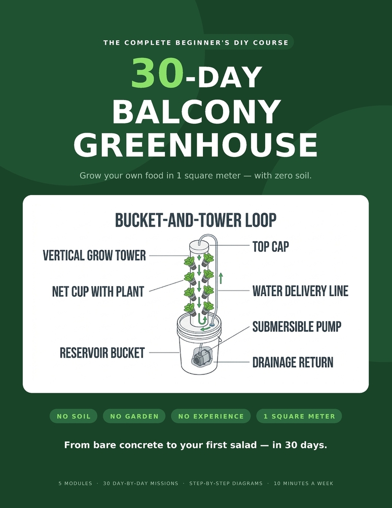 30-Day Balcony Greenhouse: A Beginner's DIY Hydroponic Tower Guide to Growing Lettuce, Herbs, and Salad Greens in 1 Square Meter with No Soil, No Gard cover