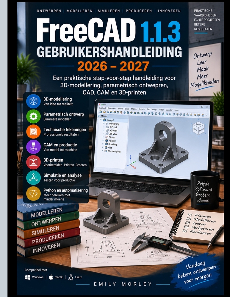 FreeCAD 1.1.3 GEBRUIKERSHANDLEIDING 2026-2027: Een praktische stapsgewijze handleiding voor 3D-modellering, parametrisch ontwerp, CAD, CAM en 3D-print cover