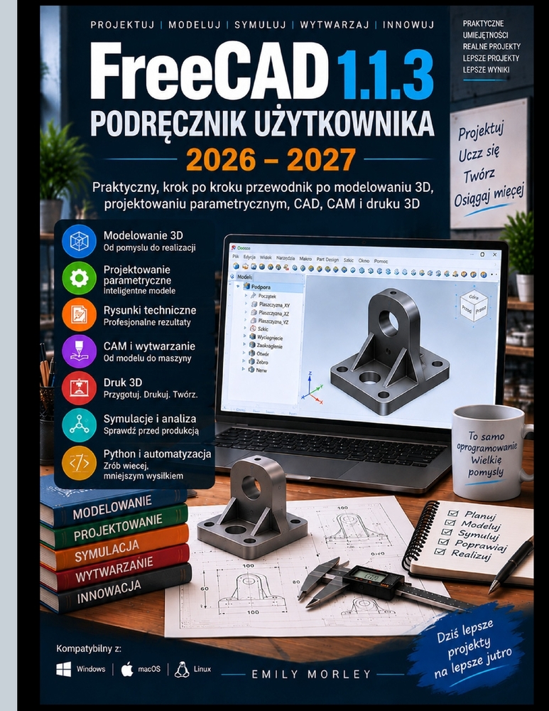 FreeCAD 1.1.3 INSTRUKCJA OBSLUGI 2026-2027: Praktyczny przewodnik krok po kroku Modelowanie 3D, projektowanie parametryczne, CAD, CAM i drukowanie 3D cover