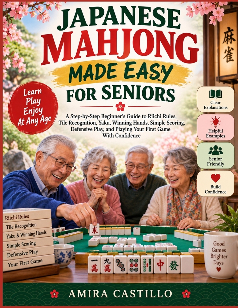 Japanese Mahjong Made Easy For Seniors: A Step-by-Step Beginner's Guide to Riichi Rules, Tile Recognition, Yaku, Winning Hands, Simple Scoring, Defens cover