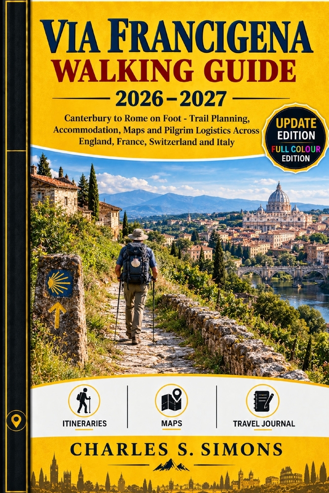 Via Francigena Walking Guide 2026-2027: Canterbury to Rome on Foot - Trail Planning, Accommodation, Maps and Pilgrim Logistics Across England, France, cover