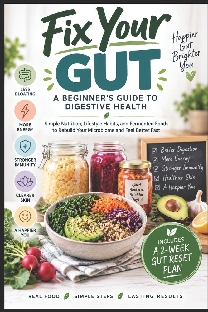 Fix Your Gut: A Beginner's Guide to Digestive Health: Simple Nutrition, Lifestyle Habits, and Fermented Foods to Rebuild Your Microbiome and Feel Bett cover