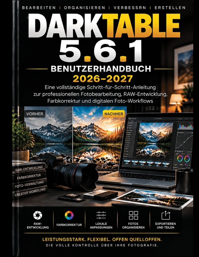 Darktable 5.6.1 Benutzerhandbuch 2026-2027: Eine vollständige Schritt-für-Schritt-Anleitung zur professionellen Fotobearbeitung, RAW-Verarbeitung, Far cover