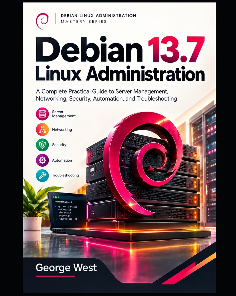 Debian 13.7 Linux Administration: A Complete Practical Guide to Server Management, Networking, Security, Automation, and Troubleshooting cover