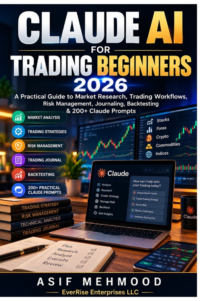 Claude AI for Trading Beginners 2026: A Practical Guide to Market Research, Trading Workflows, Risk Management, Journaling, Back testing & 200+ Claude cover