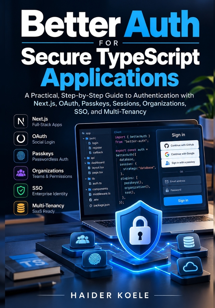 Better Auth for Secure TypeScript Applications: A Practical, Step-by-Step Guide to Authentication with Next.js, OAuth, Passkeys, Sessions, Organizatio cover