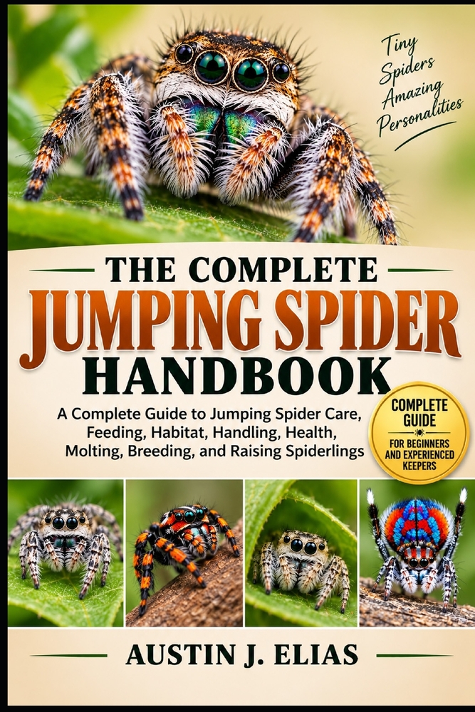 The Complete Jumping Spider Handbook: A Complete Guide to Jumping Spider Care, Feeding, Habitat, Handling, Health, Molting, Enrichment, Breeding, and cover