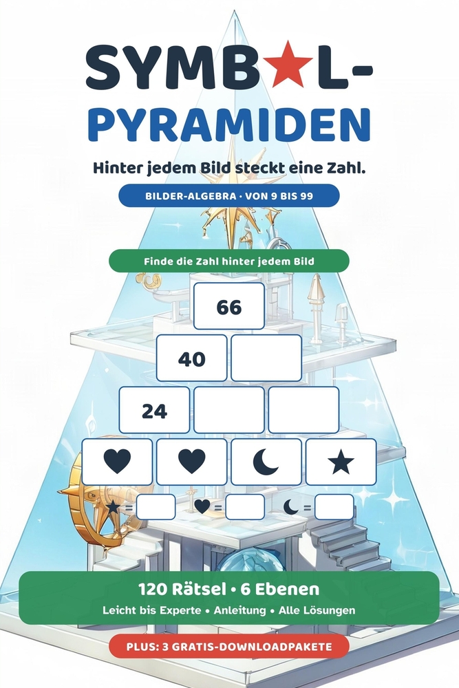 Symbol-Pyramiden: Bilder-Algebra zum Knobeln - 120 Matherätsel als Rechenpyramiden von leicht bis Experte, für Kinder ab 9 Jahren und Erwachsene, mit cover