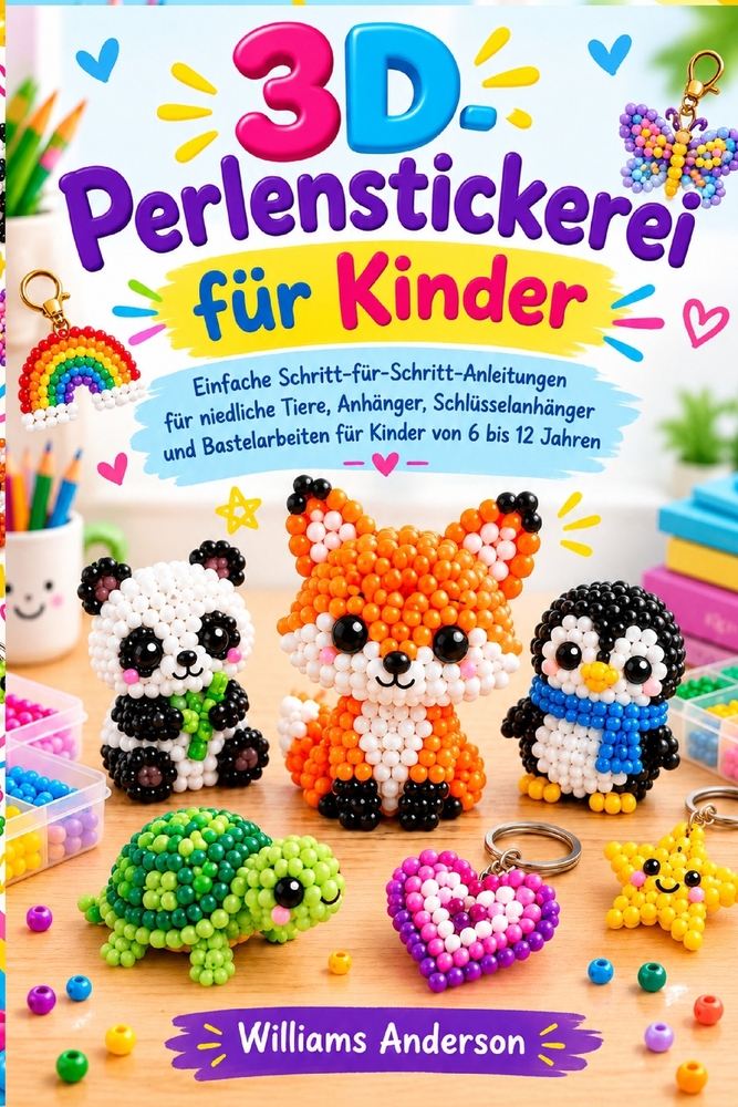 3D-Perlenstickerei für Kinder: Einfache Schritt-für-Schritt-Anleitungen für niedliche Tiere, Anhänger, Schlüsselanhänger und Bastelarbeiten für Kinder cover