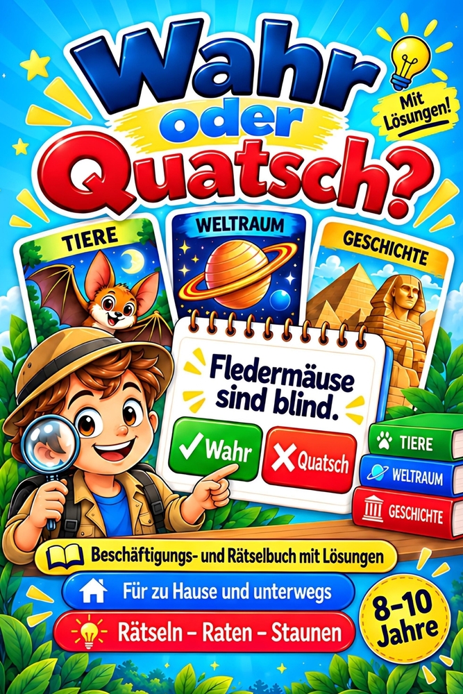 Wahr oder Quatsch?: Das Beschäftigungs- und Rätselbuch mit Lösungen für Kinder im Auto, Flugzeug, Urlaub und zu Hause - das perfekte Geschenk für Jung cover