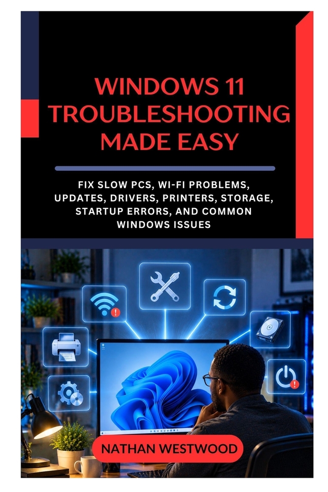 Windows 11 Troubleshooting Made Easy: Fix Slow PCs, Wi-Fi Problems, Updates, Drivers, Printers, Storage, Startup Errors, and Common Windows Issues cover