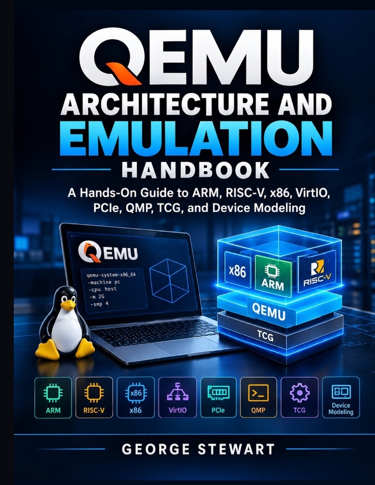 QEMU Architecture and Emulation Handbook: A Hands-On Guide to ARM, RISC-V, x86, VirtIO, PCIe, QMP, TCG, and Device Modeling cover