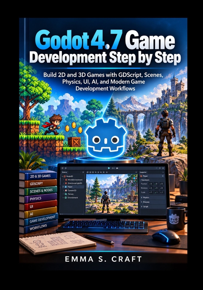 Godot 4.7 Game Development Step by Step: Build 2D and 3D Games with GDScript, Scenes, Physics, UI, AI, and Modern Game Development Workflows cover