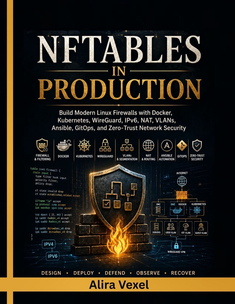 Nftables in Production: Build Modern Linux Firewalls with Docker, Kubernetes, WireGuard, IPv6, NAT, VLANs, Ansible, GitOps, and Zero-Trust Network Sec cover