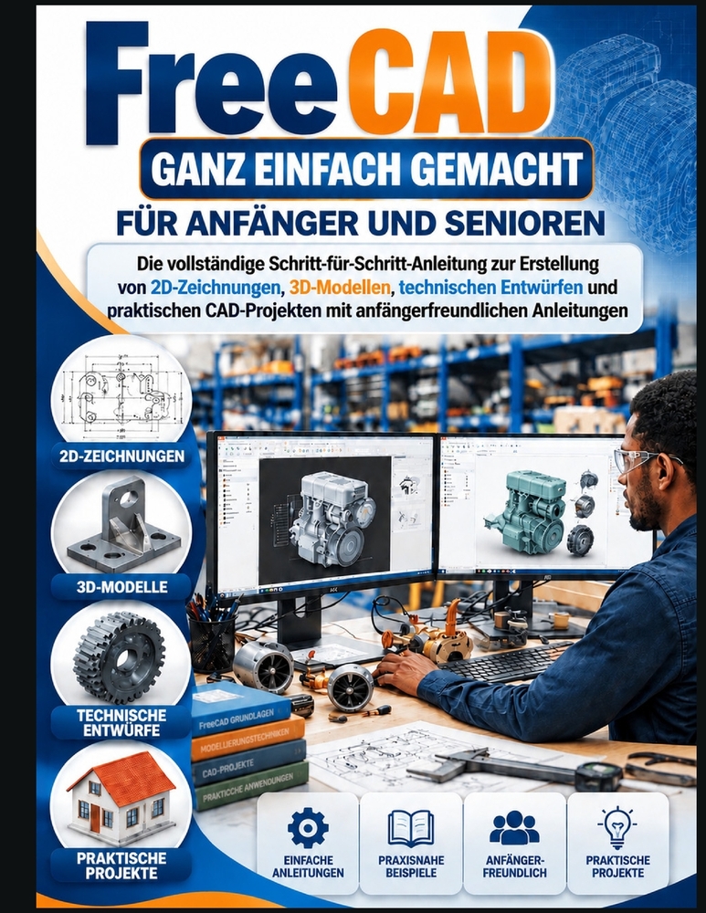 FreeCAD GANZ EINFACH GEMACHT FÜR ANFÄNGER UND SENIOREN: Die vollständige Schritt-für-Schritt-Anleitung zur Erstellung von 2D-Zeichnungen, 3D-Modellen, cover