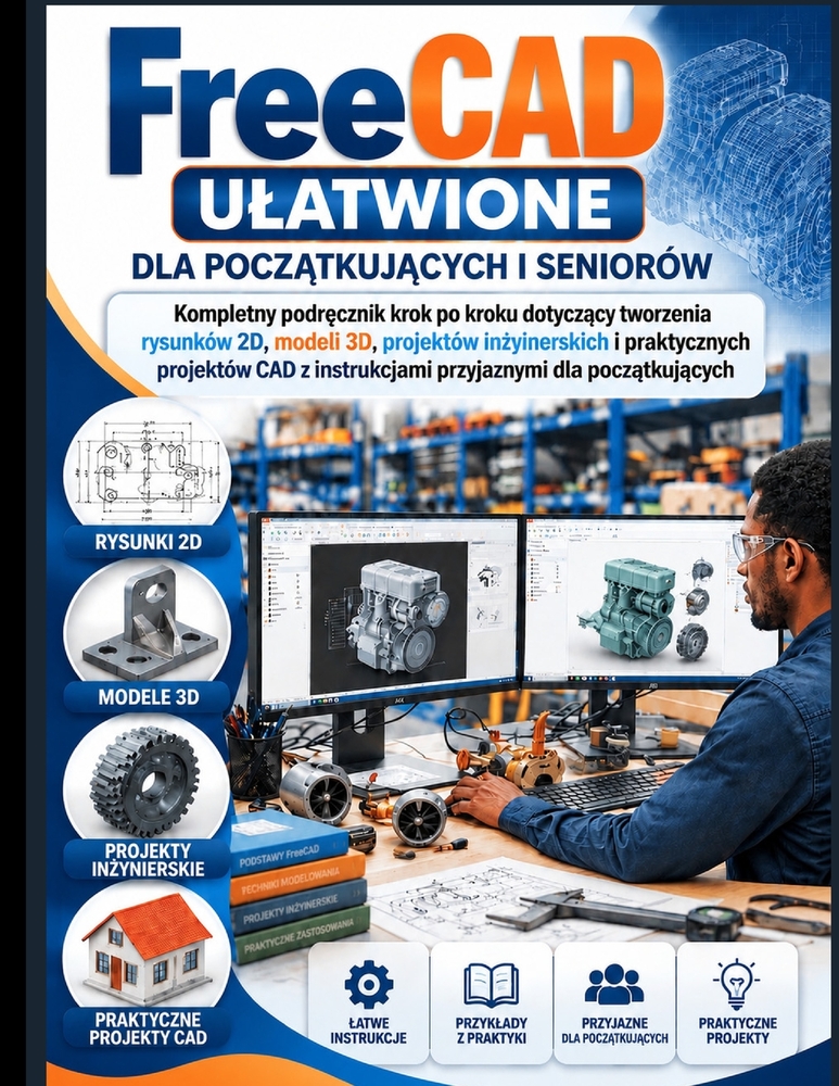 FreeCAD ULATWIONE DLA POCZĄTKUJĄCYCH I SENIORÓW: Kompletny podręcznik krok po kroku dotyczący tworzenia rysunków 2D, modeli 3D, pr cover