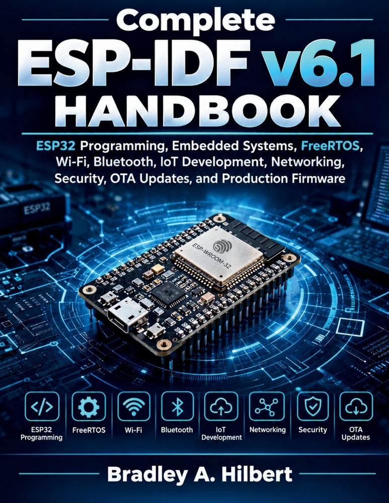 Complete ESP-IDF v6.1 Handbook: ESP32 Programming, Embedded Systems, FreeRTOS, Wi-Fi, Bluetooth, IoT Development, Networking, Security, OTA Updates, a cover