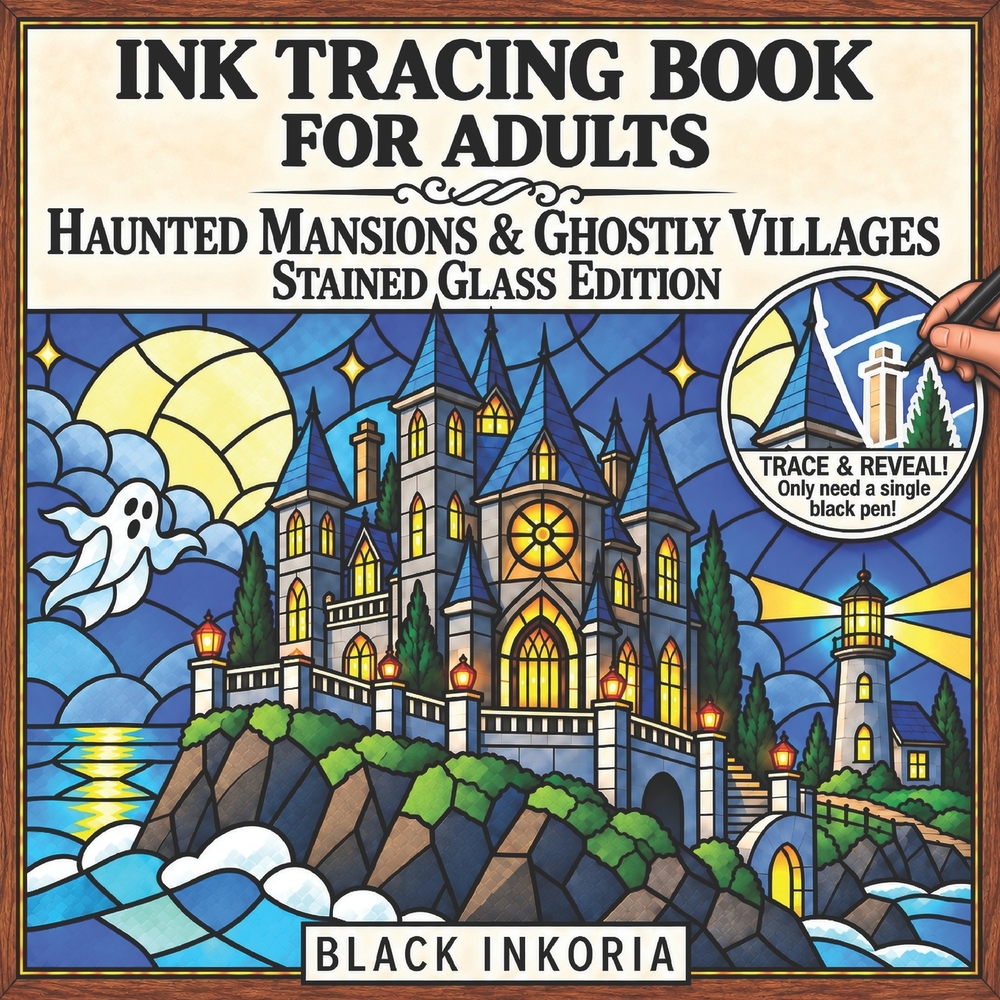 Ink Tracing Book for Adults - Haunted Mansions & Ghostly Villages Stained Glass Edition: Trace White Lines Through Halloween Ghosts, Gothic Ruins, Moo cover