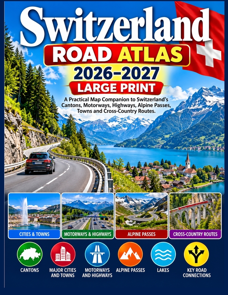 Switzerland Road Atlas 2026-2027 Large Print: A Practical Map Companion to Switzerland's Cantons, Motorways, Highways, Alpine Passes, Towns and Cross- cover