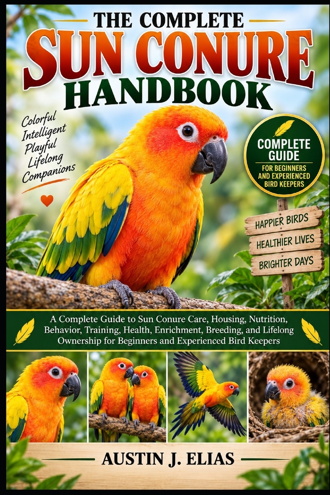 The Complete Sun Conure Handbook: A Complete Guide to Sun Conure Care, Housing, Nutrition, Behavior, Training, Health, Enrichment, Breeding, and Lifel cover